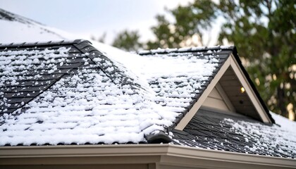 Snow lightly covers a dark grey asphalt shingle roof, with a triangular dormer visible