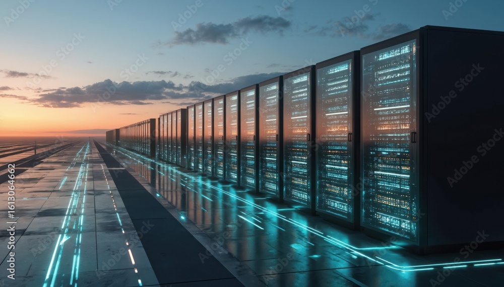 Poster futuristic light glows on left side of frame, contrasting with dark elements. black servers on right