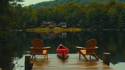 Fototapeta premium Two Adirondack chairs on a wooden dock on a lake. A red canoe is tied to the pier. Across the water, cottages nestled between green trees are visible