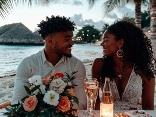 Romantic Couple Enjoying a Beachside Dinner at Sunset.