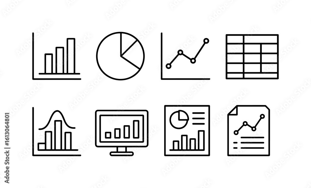 Aufkleber minimalist line icons set depicting charts and graphs for data analysis and presentation