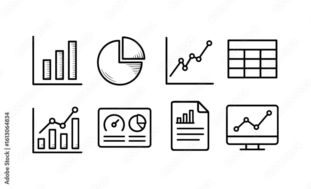 Poster minimalist line art business graphs and data icons set