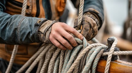 Close-up of weathered hands working with nautical ropes.