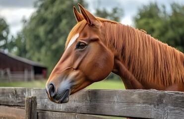 Chestnut horse leans against wooden fence on green pasture. Peaceful, scenic animal portrait. Equine mammal enjoys summer outdoors.