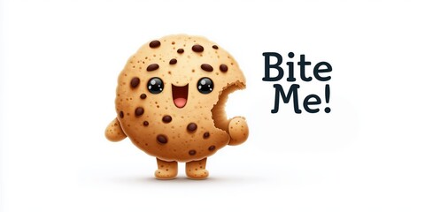 Cute cartoon chocolate chip cookie character with bite missing