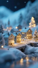 Fototapeta premium Charming Snowy Village at Night with Illuminated Houses and a Bridge Over a River
