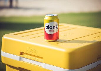 Minimalist Drink Can Presented on a Bold Yellow Cooler