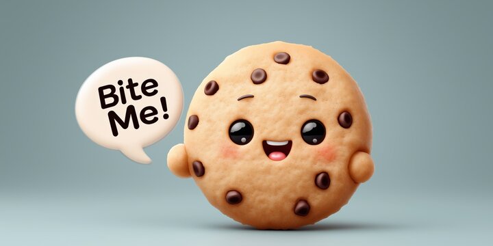 Cute cookie character with smiling face and speech bubble saying bite me