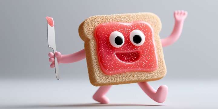 Animated cartoon toast with strawberry jam and cute face holding knife - Powered by Adobe