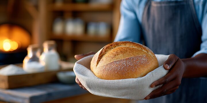 African male baker holding fresh artisan bread in rustic kitchen setting