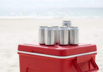 Blank Cans Displayed on a Red Beach Cooler