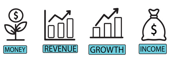 Fototapeta premium Icons depicting financial growth with money plant, revenue chart, growth chart, and income bag symbols
