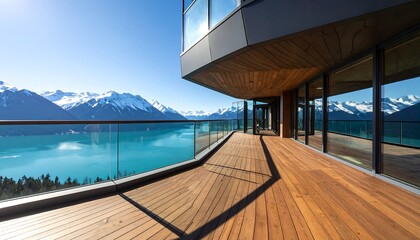 Modern balcony overlooking a turquoise lake and snow-capped mountains