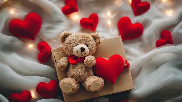 Gift box with hearts and teddy bear. Selective focus. Holiday.