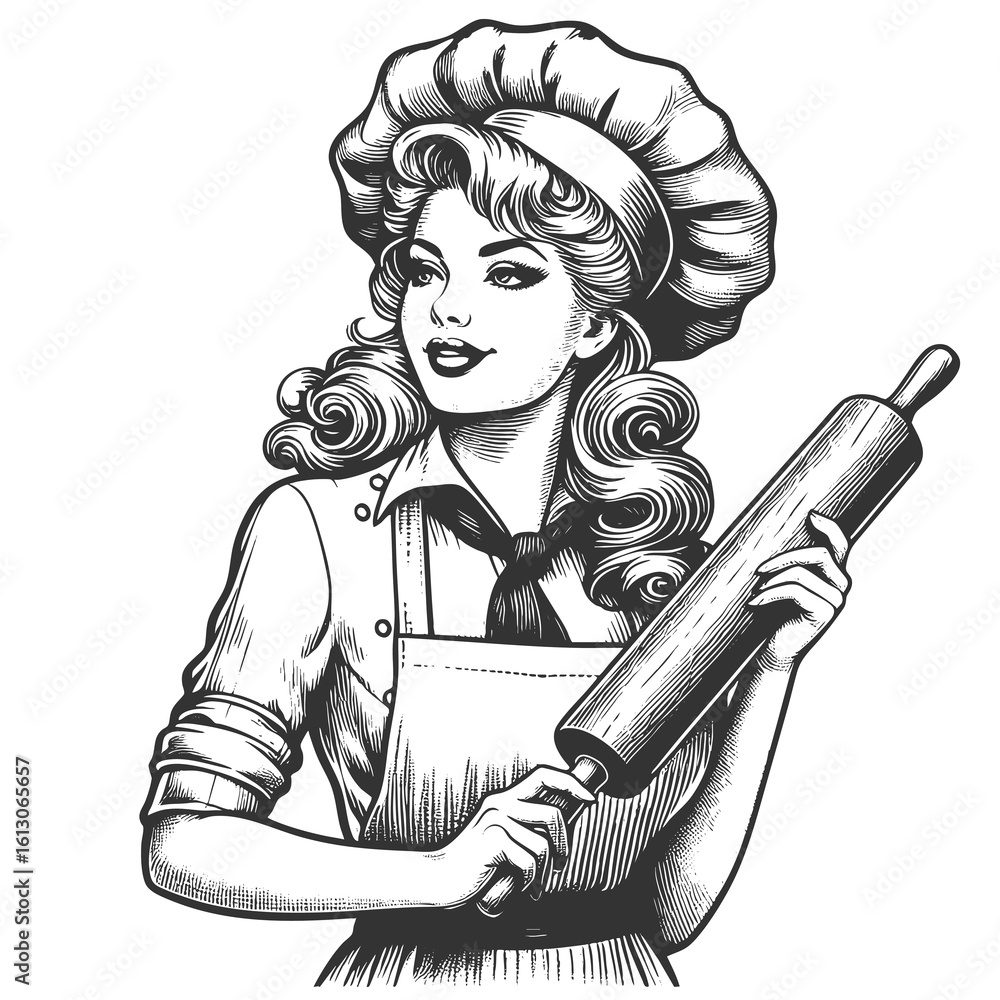 Poster smiling woman in chef attire holding a rolling pin sketch engraving generative ai fictional characte