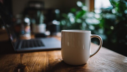 Obraz premium White mug sits on a wooden desk alongside an open laptop, blurred background suggests a cozy indoor space with a plant