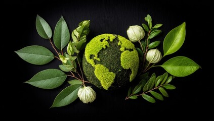 Mossy globe surrounded by lush green foliage against a dark background