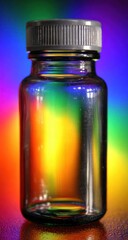 Glass bottle with a grey screw-top lid stands against a vibrant background of blended rainbow colors. The bottle reflects the colors and casts a subtle shadow