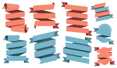 Collection of blank ribbon banners and labels in coral pink and teal blue for design and decoration elements