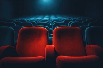 Two red cinema seats in a dark theater