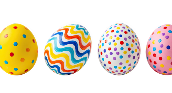 Ai generated image of four colorful easter eggs isolated on transparent background