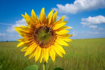 Fototapeta premium Vibrant Sunflower with Honeybees, Sunny Field, Summer Idyll, Nature Photography