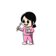 cute girl holding toothbrush cartoon