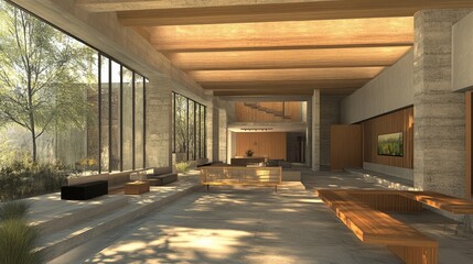 Modern, spacious interior with large windows, wooden accents, and natural light streaming in, inviting and serene