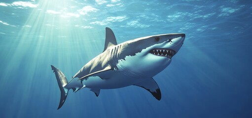 Great white swims deep blue ocean. Predator animal in action. Underwater sea wildlife. Stunning marine life,