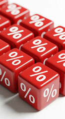 Close-up of red cubes with white percentage symbols, arranged in rows, symbolizing discounts, sales, or financial growth, ideal for business or marketing concepts