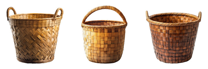 Set of Handwoven Bamboo Laundry Baskets with Sturdy Handles Isolated on Transparent Background