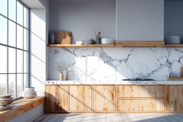 Sunlit minimalist kitchen with wood cabinets and marble backsplash