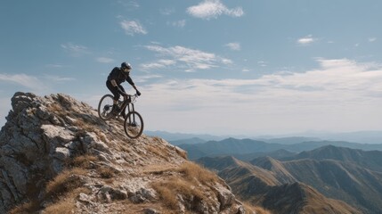 Fototapeta premium Extreme mountain biking adventure on a rocky peak with scenic mountain views