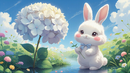 Cute anime white bunny with hydrangea and meadow flowers in pastel style, ideal for children’s books, kawaii prints, and adorable illustration projects.