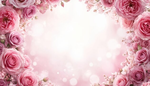 Soft pink roses form decorative border on light gray background with subtle bokeh lights. Romantic floral arrangement evokes feelings of love, beauty, celebration, perfect for special occasions like