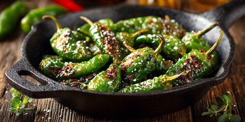 Delicious Spanish padron peppers seasoned with salt and olive oil, sizzling in a frying pan placed on a rustic wooden table, highlighting the vibrant flavors of Spanish padron peppers.