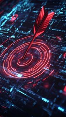 Red dart hits digital target at center. Illuminated data streams backdrop highlights targeted strategies, tech, accuracy, cyber, finance, investment, business, success.