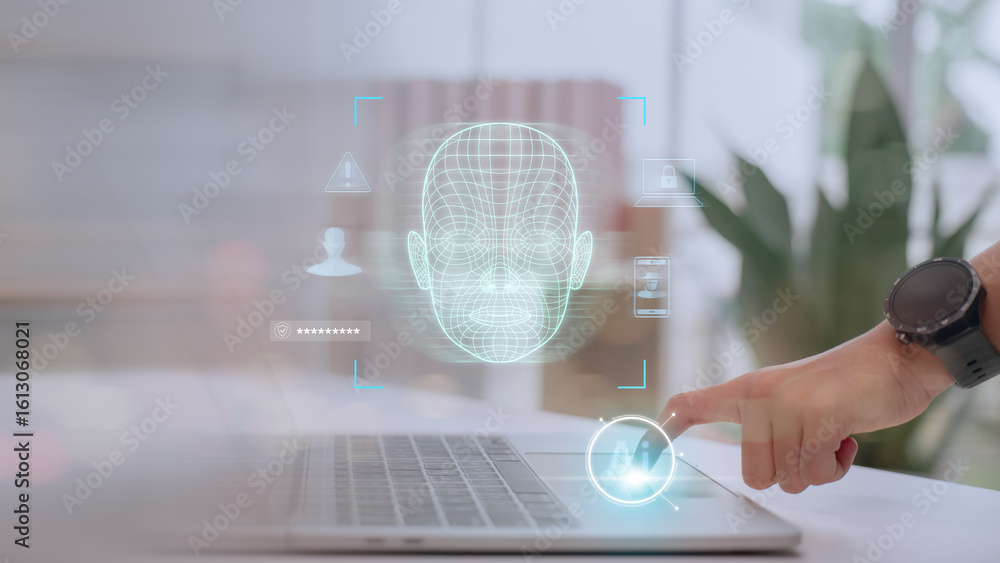 Poster facial recognition interface scanning on laptop with ai and security icons. concept of deepfake dete