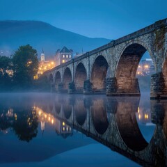 Serene twilight view of a stone arch bridge reflecting in calm water, mist shrouding the scene