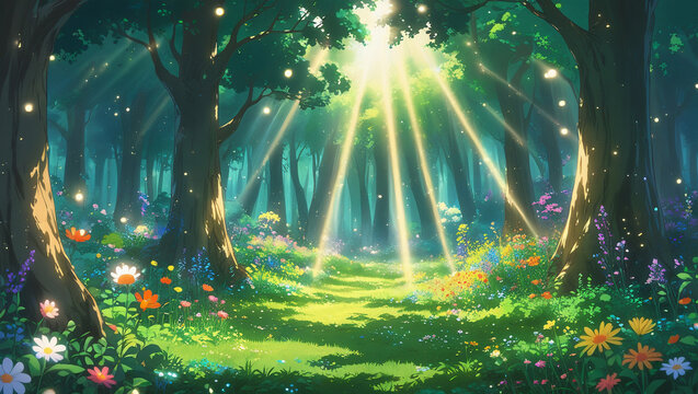 Anime enchanted forest with glowing sunrays through lush trees. Colorful wildflowers and sparkling particles. Perfect for fantasy game backgrounds