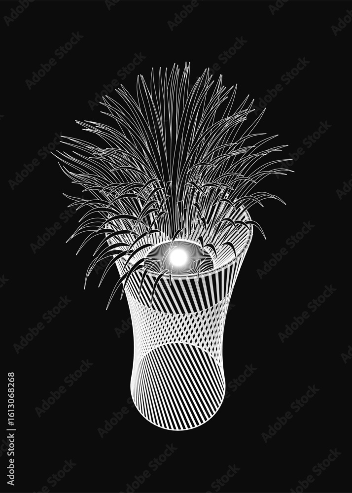 Poster a black and white contour drawing of an ornate vase filled with lush grass, set against a dark backg