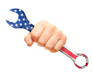 Male hand holding wrench with American flag superimposed on white isolated background. labor day concept