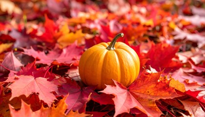 Small orange pumpkin rests on a bed of vibrant red and orange autumn leaves