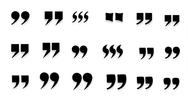 Collection of diverse quotation marks, black symbols on white, mix of solid and calligraphic styles, single and double quotes. Ideal for typography, writing, and language related content