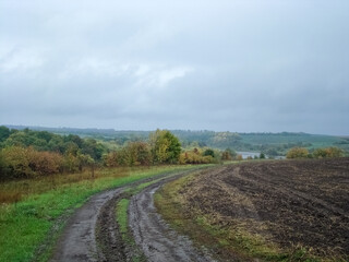 Foggy autumn day with a road dirty after the rain.