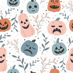 Seamless vector Halloween pattern with cute pumpkins and fall leaves in soft vintage colors. Perfect for packaging, kids decor, textiles, and seasonal branding.