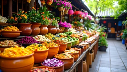Fototapeta premium Colorful street food stalls with assorted vegetables
