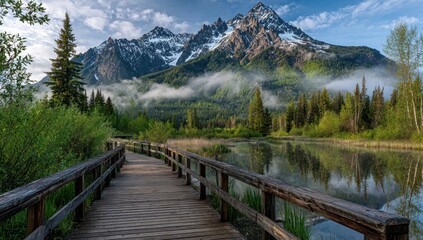 Mountain Majesty A wooden walkway leads to a tranquil lake reflecting snow-capped peaks, surrounded by lush green forests and ethereal mist under a soft blue sky