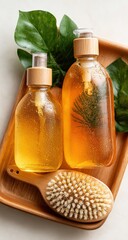Two transparent bottles with wooden pumps, golden liquid inside, sit on a wooden tray with a hairbrush and green leaves
