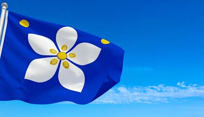 Conceptual flag design with blue field and central four-petaled white flower featuring yellow core; flanked symmetrically by five yellow orbs symbolizing balance, regional unity, and abstract identity